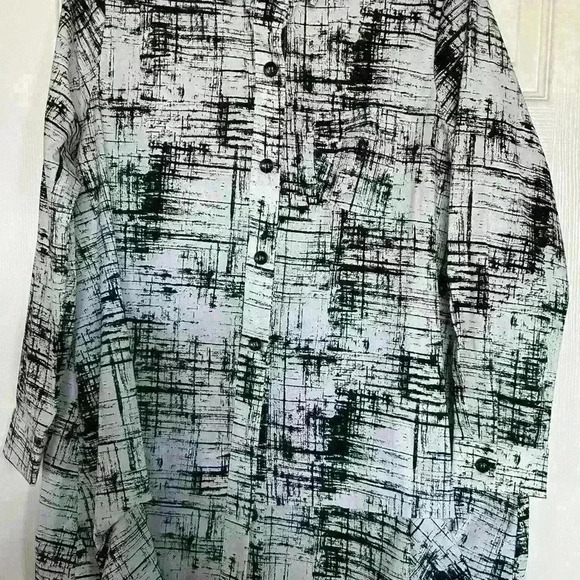 COMFY USA BUTTON FRONT TUNIC SZ S OVERSIZED BLACK WHITE PRINT COTTON BLEND - Picture 2 of 6